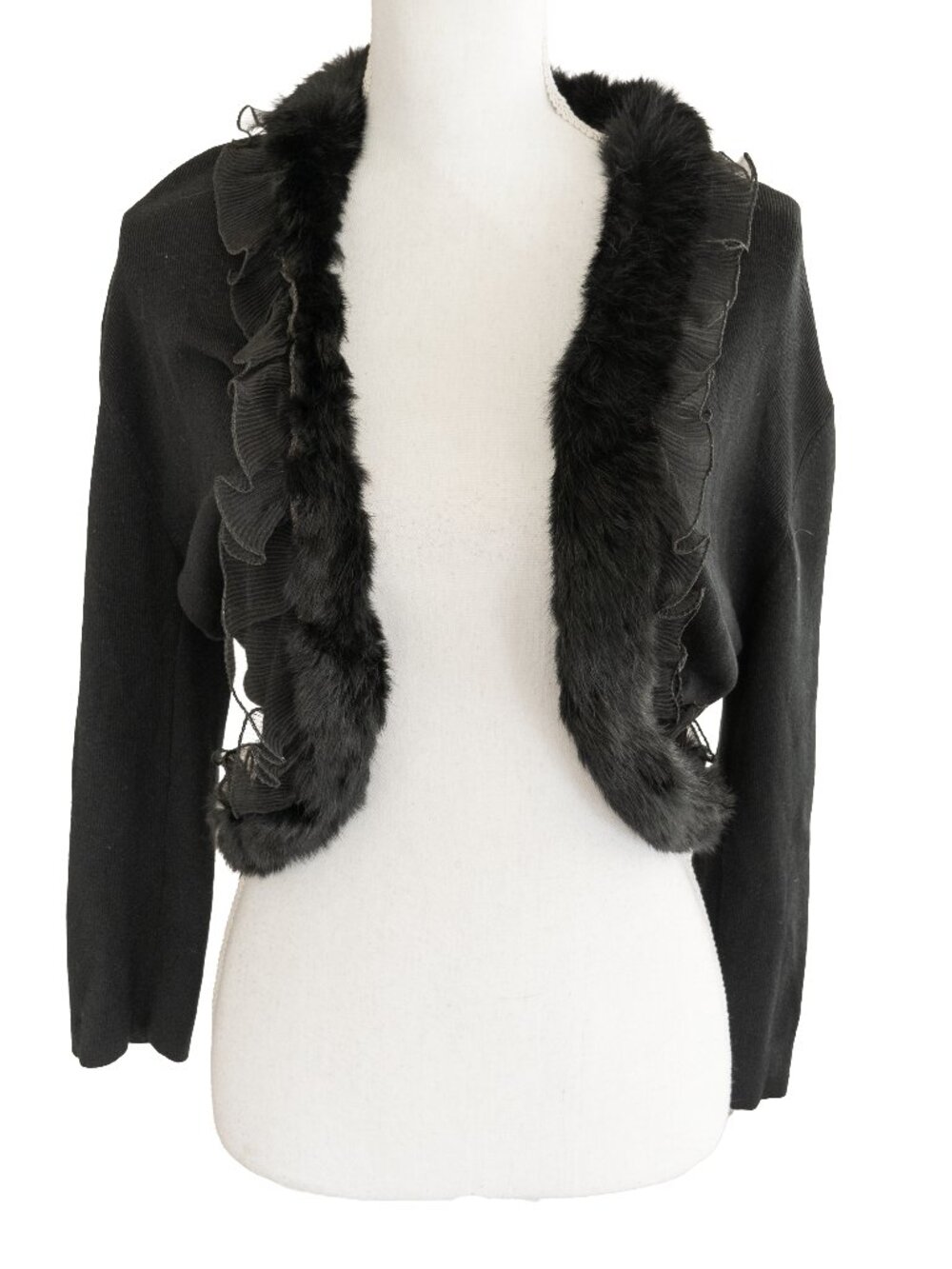 Vintage Y2k Cardigan Black Silk Blend Ruffle Fur Detail Cropped Half Sleeve Knit - Picture 2 of 9